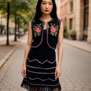 Vintage European Black Velvet Embroidered Folk Vest & Long Fringed Apron Size M‎
